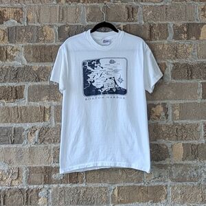 VTG 90s Hanes Beefy-T Boston Harbor S/S T-Shirt White Navy Blue Single Stitch